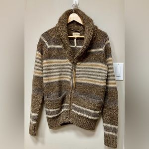 Women’s Shawl Collar Zip Sweater Jacket - Brown Striped